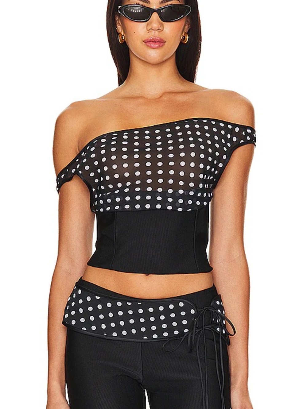 FAIT PAR FOUTCH Black Off-Shoulder Polka Dot Crop Top